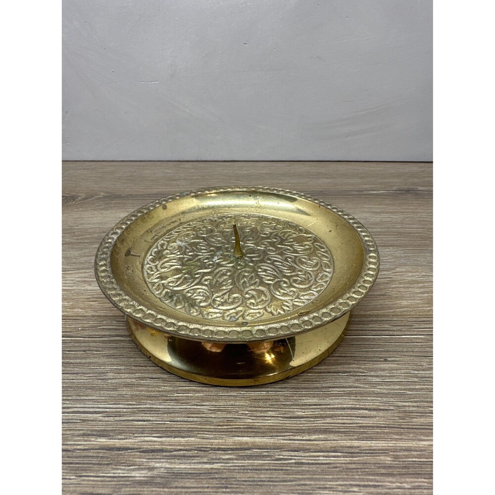 vintage solid brass etched pillar candle low pedestal with spike 4.5x1.25"